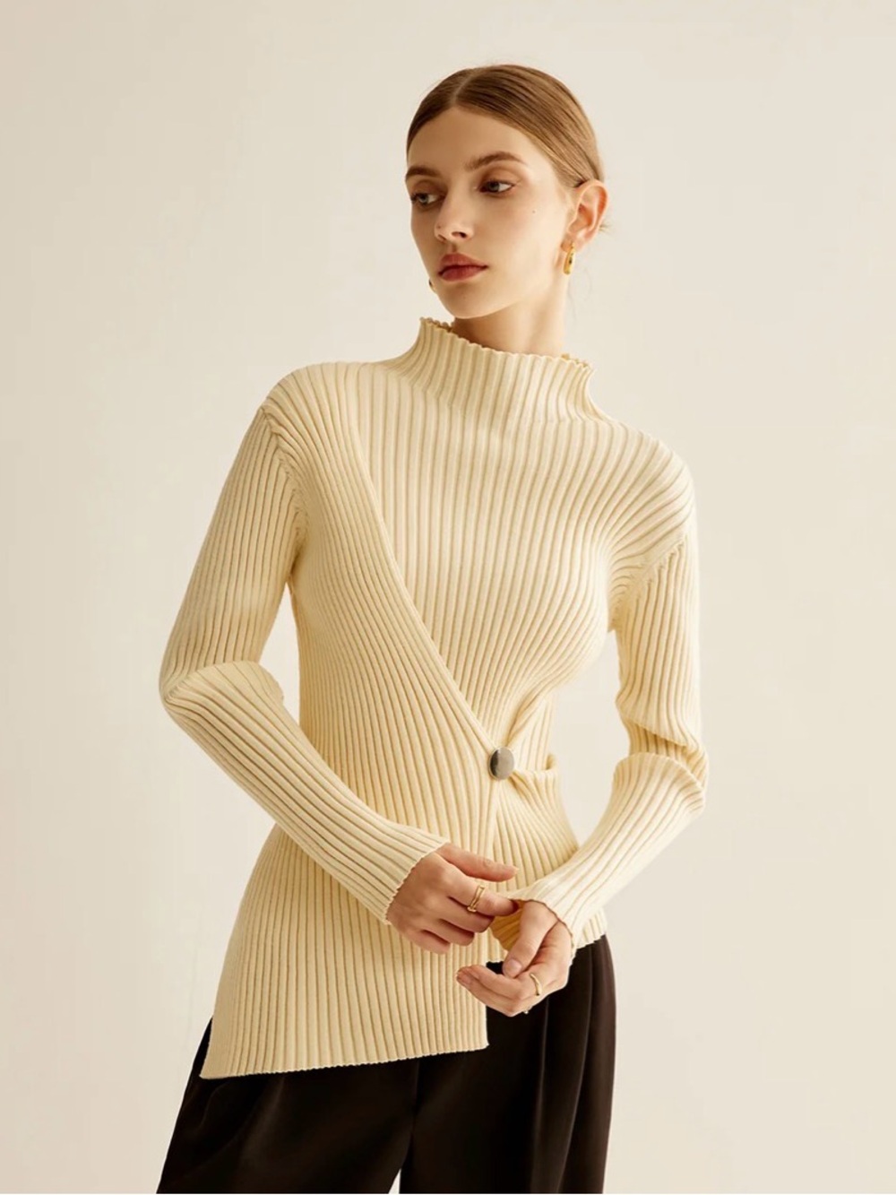 Commense Cream Ribbed Mock Neck Clinched Sweater with Side Button Detail